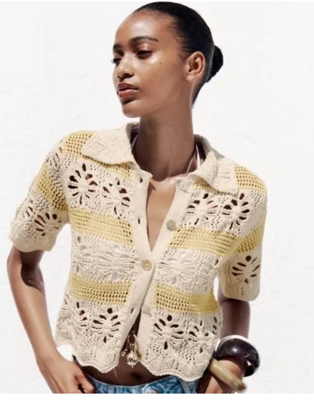 Zara Crochet knit sweater in yellow and cream